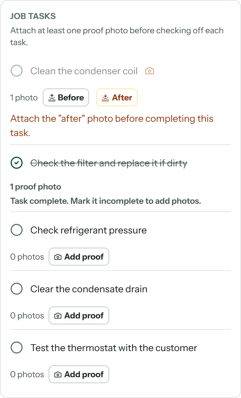 The crew app's task list for the visit: cleaning the condenser coil with its before photo taken and the after photo still to add, the filter check done with its proof photo, and three tasks to go