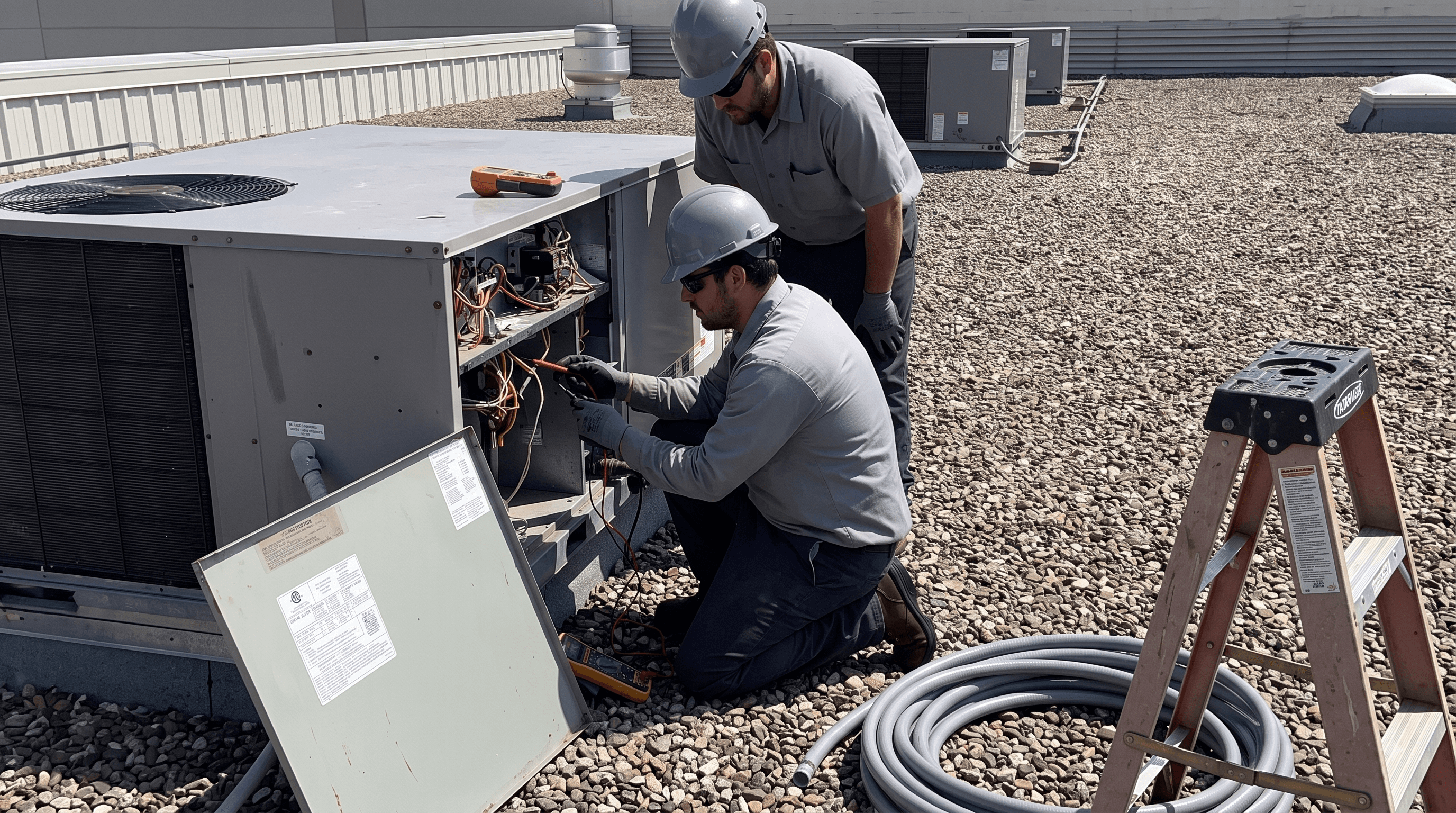 Dos técnicos dando servicio a una unidad de climatización en una azotea