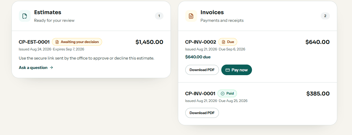 Estimates and invoices in the customer portal, one awaiting a decision and one with a Pay now button beside the amount due