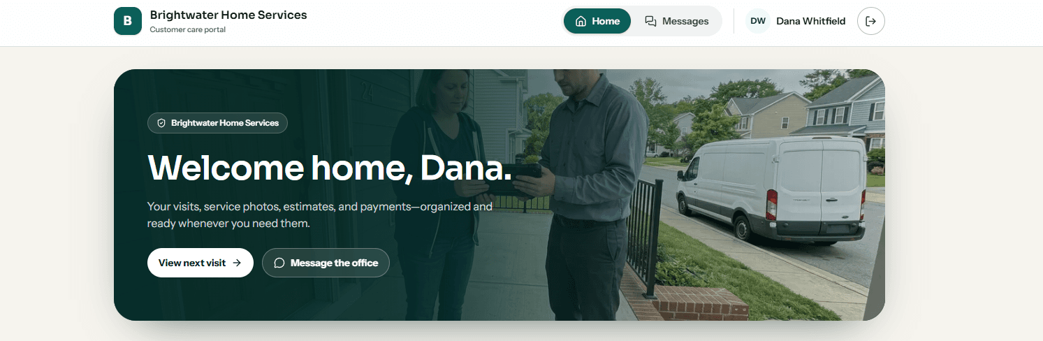The customer portal, where a customer sees their visit, documents and invoices.