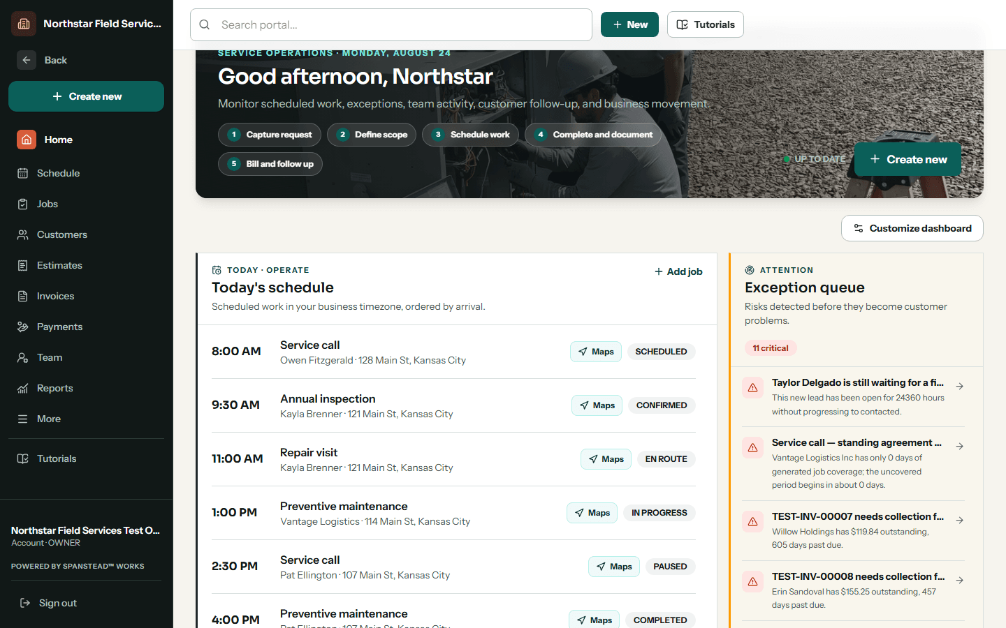 The Spanstead Works dashboard showing the day's jobs, money received and operational alerts.