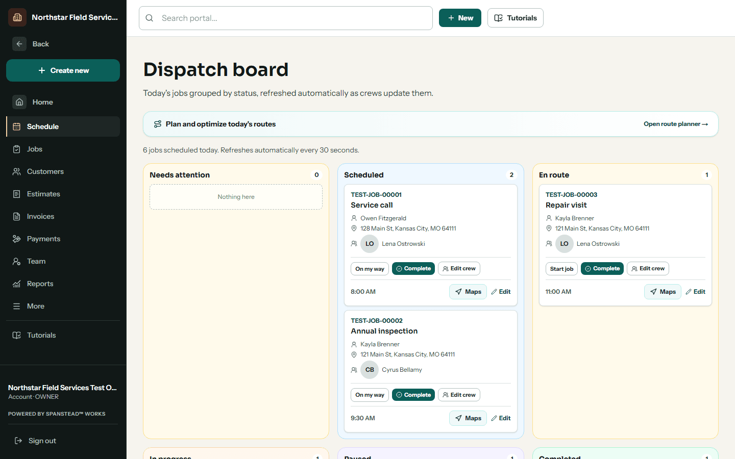 The dispatch board showing the day's jobs and the crew assigned to each.