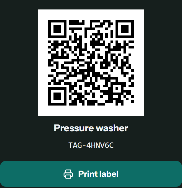 The QR label on a pressure washer's record: the code, the printed name Pressure washer, tag TAG-4HNV6C and a Print label button