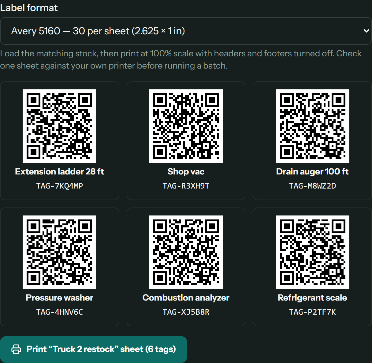 A print sheet of six QR tags from the Truck 2 restock batch, from an extension ladder to a refrigerant scale, each with its name and tag code, set to Avery 5160 labels, with a button to print the sheet