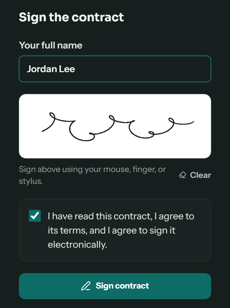 The Sign the contract section with Jordan Lee typed as the name, a drawn signature, the consent box checked and the Sign contract button.