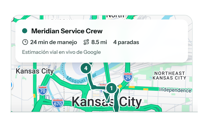A published crew route in Spanish showing drive time, distance and the number of stops