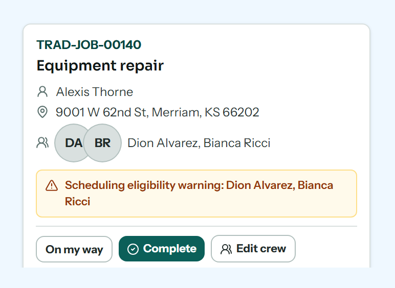 A dispatch card for an emergency service call at 7:00 AM, with its customer, address and the crew member assigned