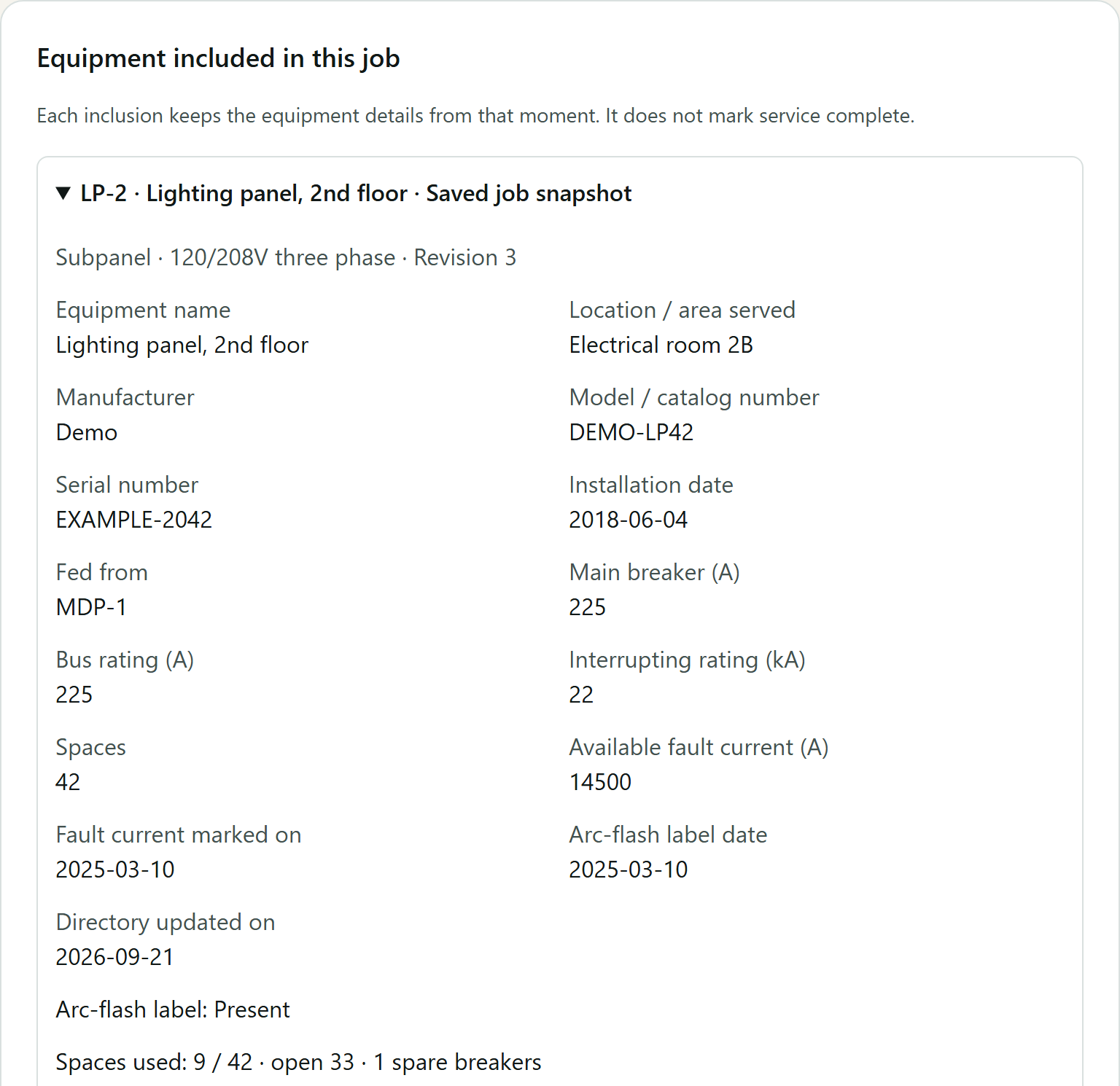 A panel's saved details on the job