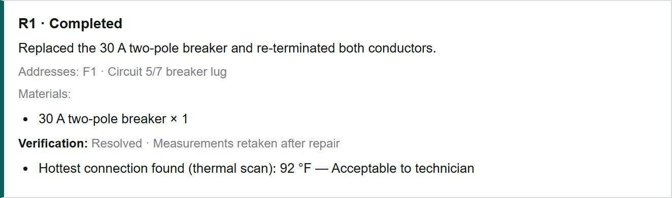 A repair linked to its finding and verified