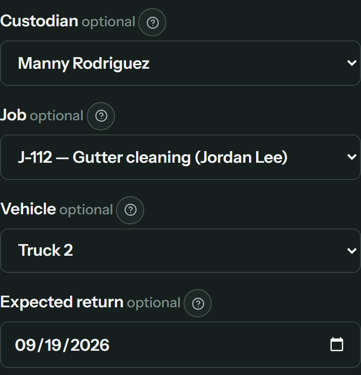 The equipment checkout form with custodian Manny Rodriguez, job J-112 gutter cleaning, vehicle Truck 2 and an expected return of September 19, 2026
