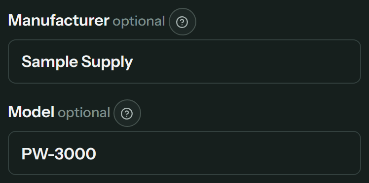 The equipment form after choosing that result, with the manufacturer and model filled in