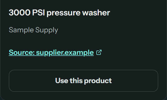 A product search result for a 3000 PSI pressure washer from Sample Supply, with its source link and a Use this product button