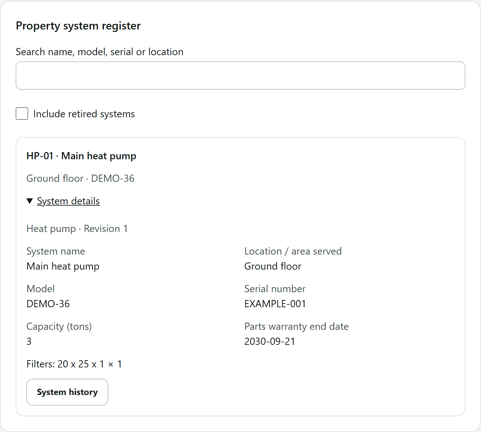 The property's installed-system register