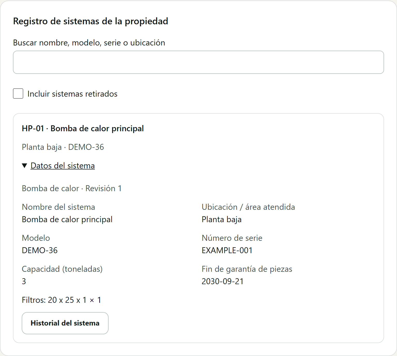 El registro de sistemas instalados de la propiedad