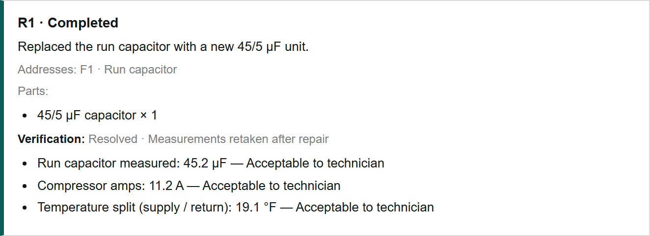 A repair linked to its finding and verified