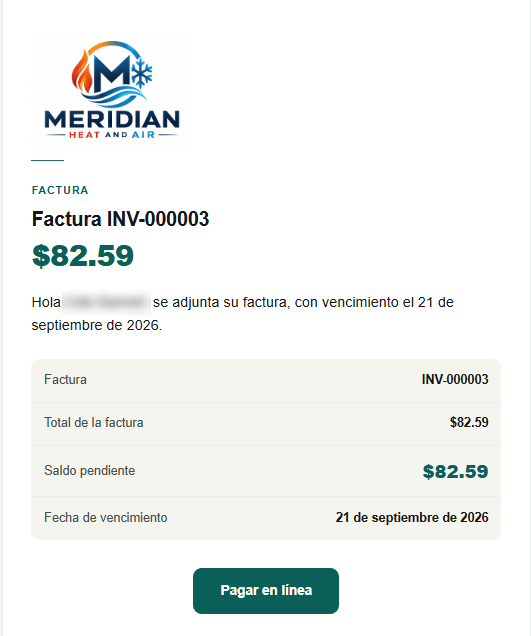 The invoice email as a Spanish-speaking customer receives it, under the business's own logo and colours: Factura INV-000003, the amount, the outstanding balance and the due date, above a Pagar en linea button