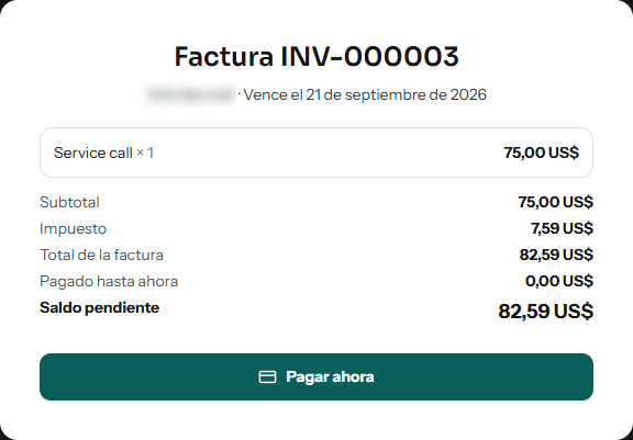 The payment page in Spanish: the line item, subtotal, tax, invoice total, nothing paid so far, and the outstanding balance, above a Pagar ahora button