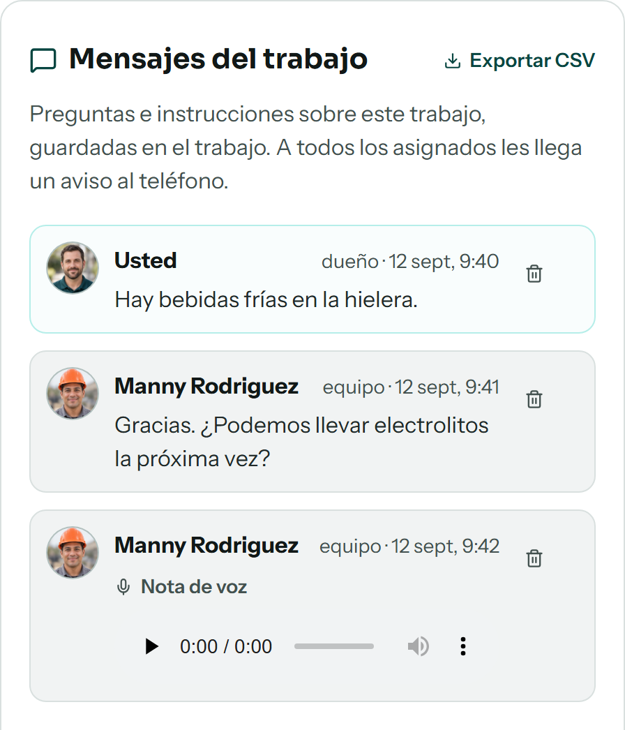 Mensajes en un trabajo con instrucciones, una respuesta del equipo y una nota de voz.