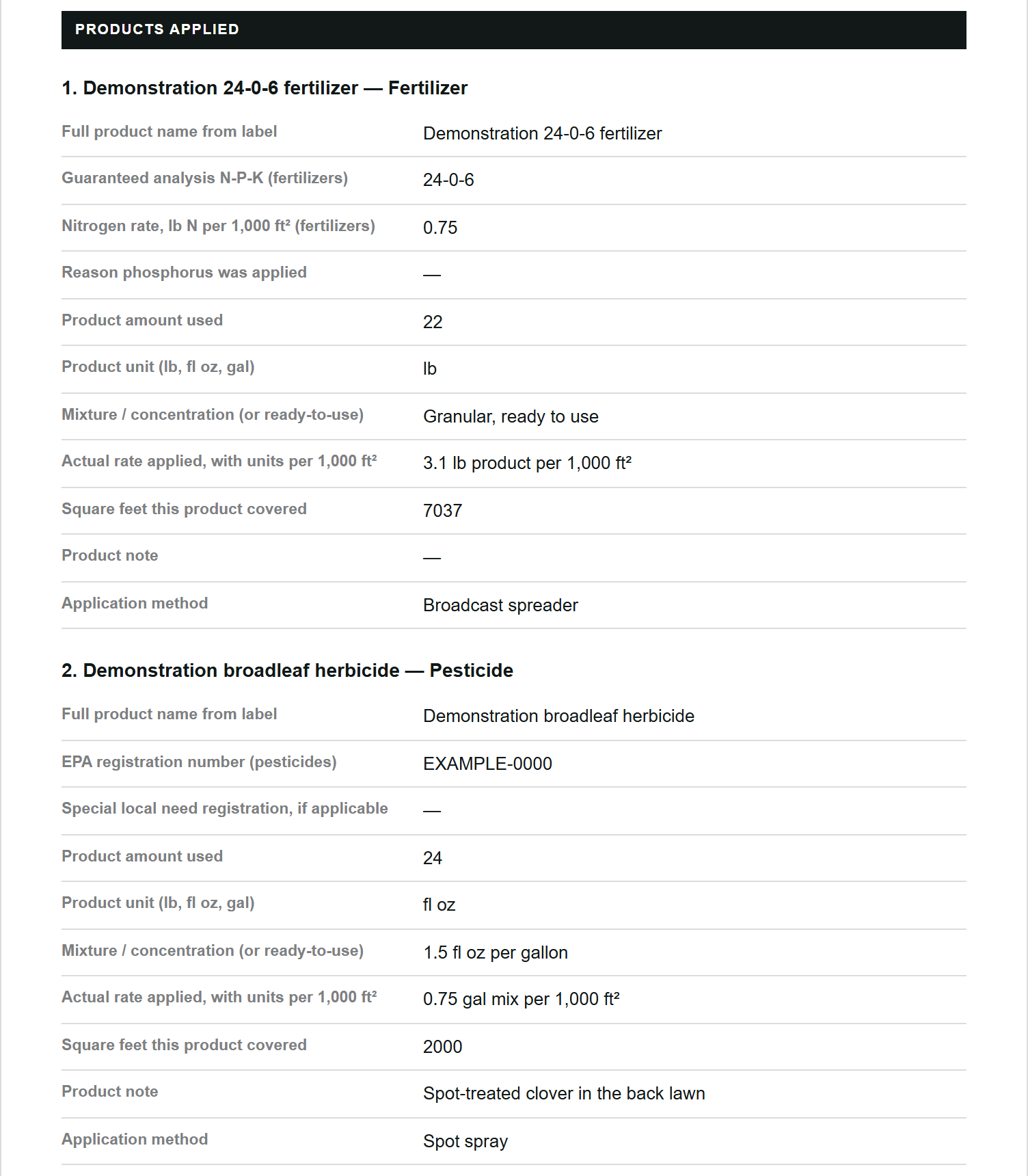 An application record, as the customer's copy prints it