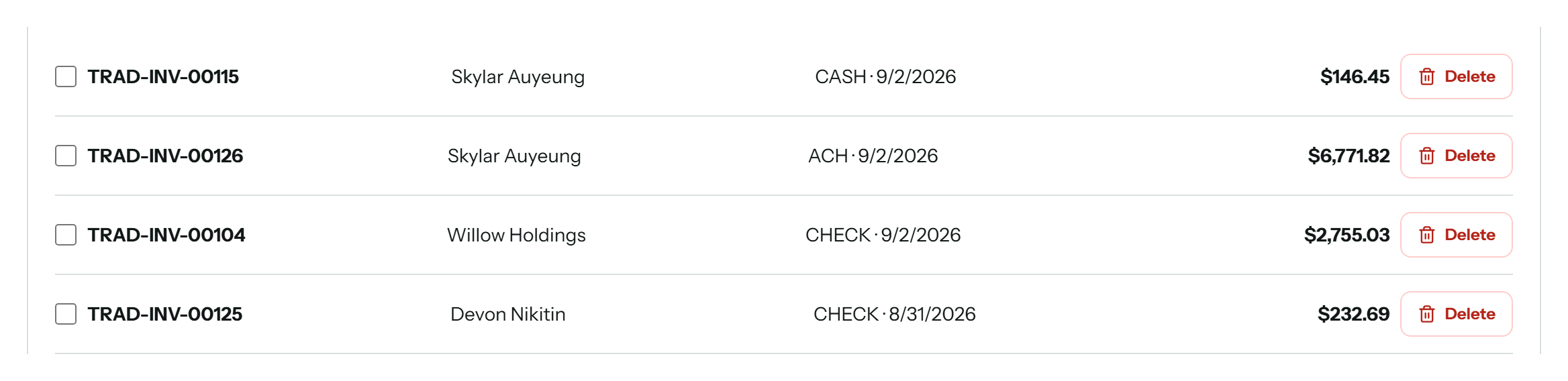 Received payments listed against the invoice each one closes, with the customer, whether it arrived by cash, check or ACH, the date, and the amount