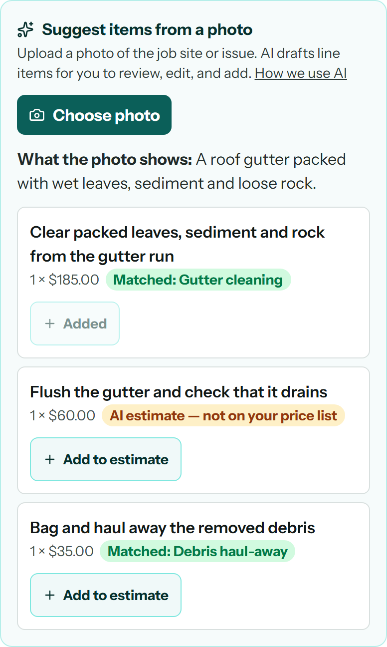Suggest items from a photo panel. It describes the clogged gutter and suggests three lines: gutter cleaning at $185 and debris haul-away at $35, both matched to the price list, and a $60 flush marked as an AI estimate. The first line has been added.
