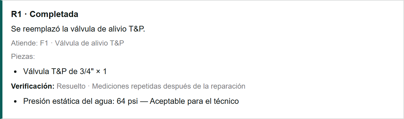 Una reparación de calentador vinculada a su hallazgo y verificada