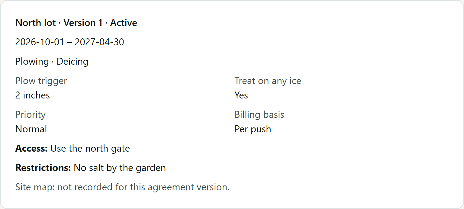 A site's saved service agreement
