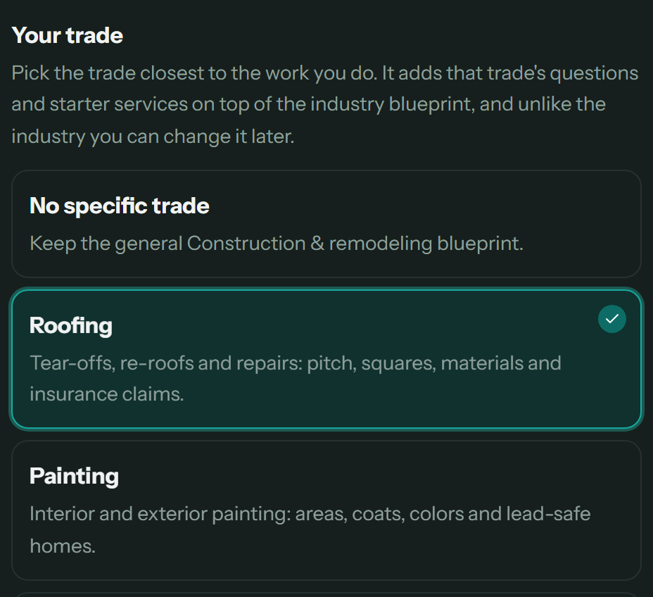 The Your trade section in a Construction & Remodeling workspace, with Roofing selected between No specific trade and Painting.